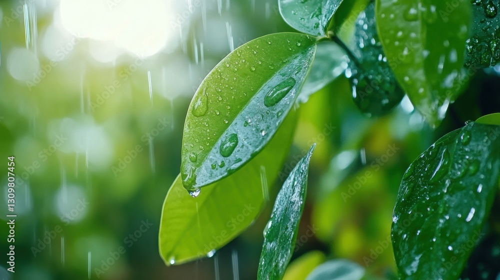 Forest after rain - Drops on leaves, sun glare, fresh greenery. Forest after rain - Drops on leaves, sun glare, fresh greenery.