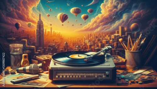 old vinyl record player on white background created with generative AI software.