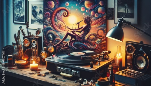 old vinyl record player on white background created with generative AI software.