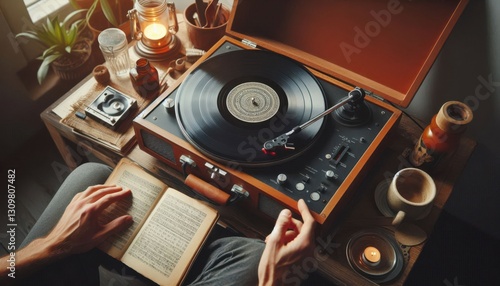 old vinyl record player on white background created with generative AI software.