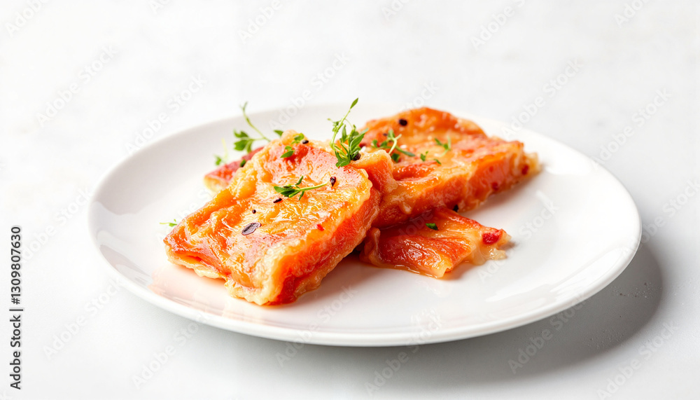 Elegant dish of vibrant tomato jelly on white plate, culinary artistry Elegant dish of vibrant tomato jelly on white plate, culinary artistry