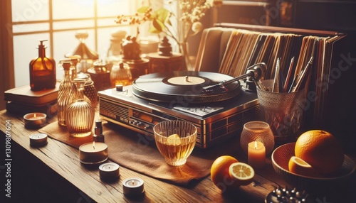 old vinyl record player on white background created with generative AI software.
