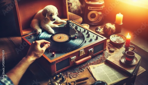 old vinyl record player on white background created with generative AI software.