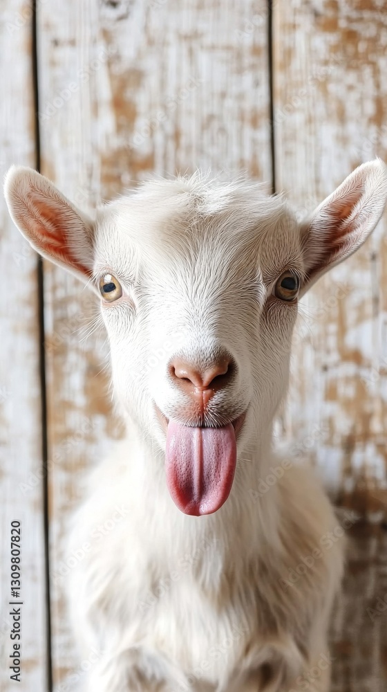 Obraz premium Playful goat sticking out its tongue, rustic barn background