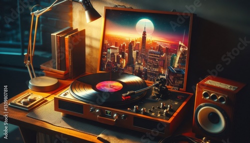 old vinyl record player on white background created with generative AI software.