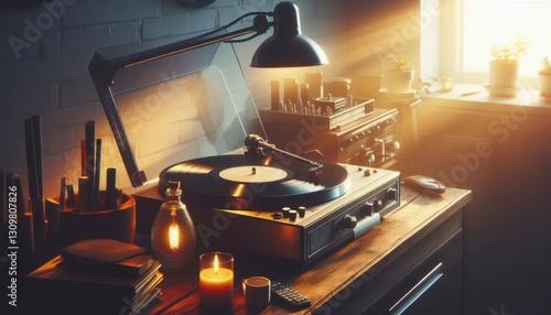 old vinyl record player on white background created with generative AI software.