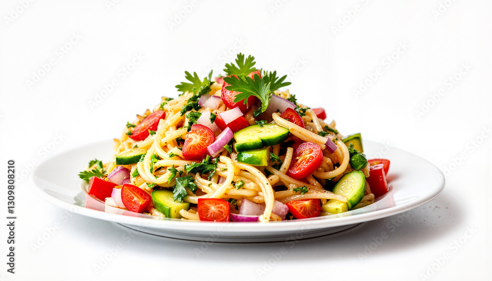 Colorful vegetable pasta salad on a white plate, fresh cuisine Colorful vegetable pasta salad on a white plate, fresh cuisine