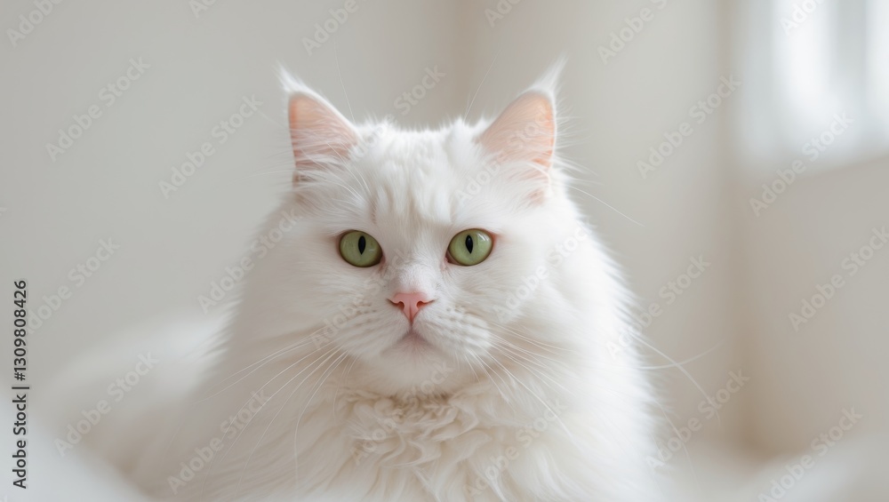 Adorable fluffy white cat with striking green eyes looking curiously at the viewer Adorable fluffy white cat with striking green eyes looking curiously at the viewer