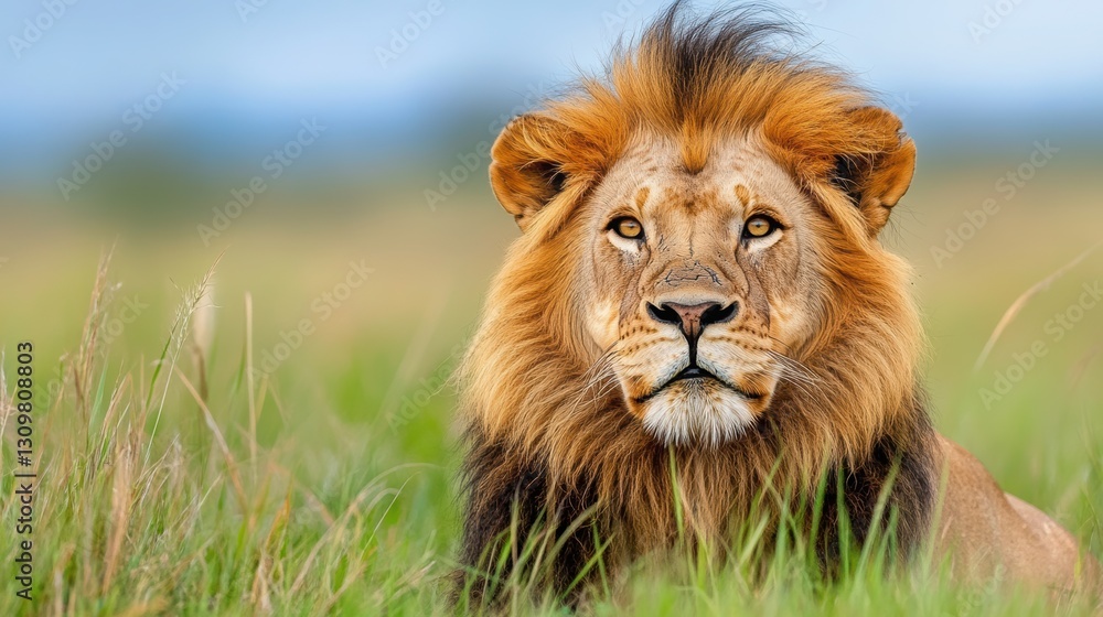 Lion in the savannah - Strength, majesty, contrast with the grass. 