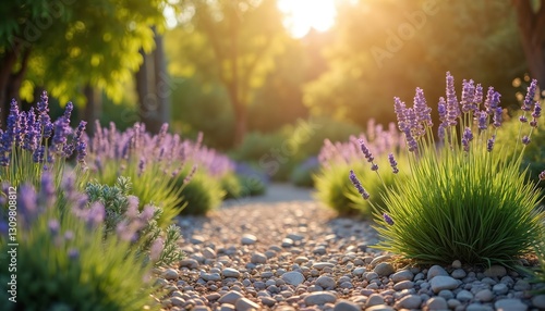 Fototapeta Naklejka Na Ścianę i Meble -  Lavender flowers bloom in xeriscape garden. Low-water ground cover with lavender field. Sustainable landscaping with drought-tolerant plants, stones. Eco-friendly yard design minimizes water usage,