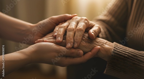 Young woman holding senior man hands, closeup. Generative AI.