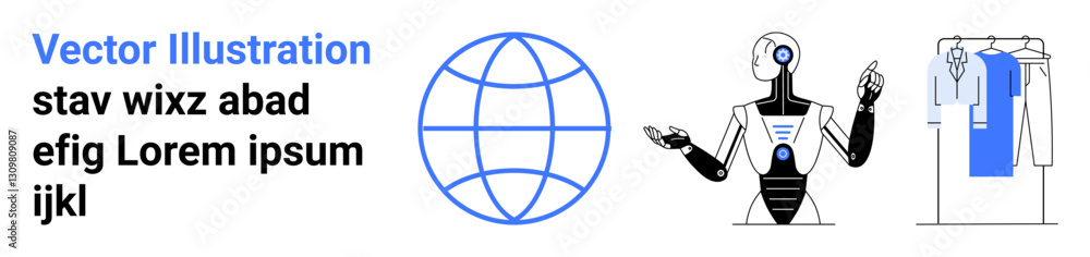 Futuristic AI robot gesturing, globe icon representing connectivity, and a wardrobe with hanging clothes. Ideal for technology, global communication, AI, robotics, fashion, e-commerce future trends Futuristic AI robot gesturing, globe icon representing connectivity, and a wardrobe with hanging clothes. Ideal for technology, global communication, AI, robotics, fashion, e-commerce future trends