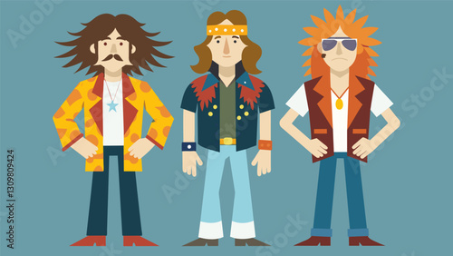 A fusion of several decades with a grunge meets boho look featuring band tshirts flared jeans and fringe kimonos.. Vector illustration