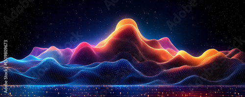 Cartographie 3D numérique d'un amas d'ondes énergétiques colorées à base de traits et de points, ondulations, vagues, fond bleu foncé, couleurs rose, orange, violet, rose photo