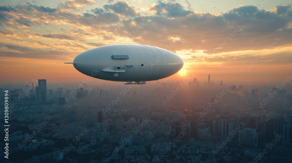 Aerial View of Airship over a City at Sunset Aerial View of Airship over a City at Sunset