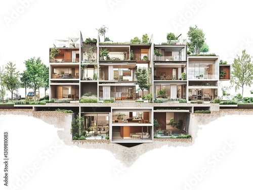a cross section of a street with terrace buidlings on each side with a small front garden in each side