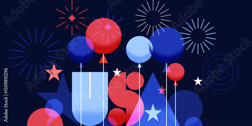 USA word, air balloons, fireworks. Independence Day design elements. 4th of July vector geometric flat illustration