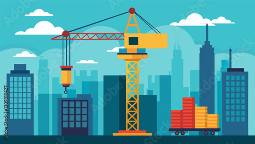 With each lift and rotation the cranes towering presence seemed to dominate the skyline a true marvel of engineering.. Vector illustration