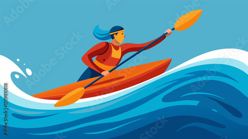A canoeist gracefully gliding over a rapid their body in perfect alignment with the flow of the water on the slalom course.. Vector illustration
