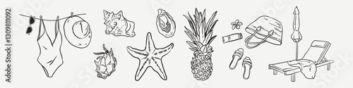 Italian summer illustration set. Voyage sea vacation vector drawing  in doodle sketch style. Hand drawn dolce vita weekend element of swimsuit, seashell, starfish, beach bag, pineapple. 