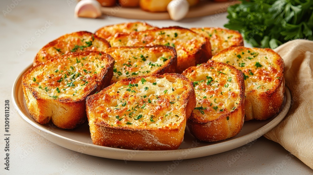 Golden Brown Garlic Bread Slices on Beige Plate with Parsley Garnish Golden Brown Garlic Bread Slices on Beige Plate with Parsley Garnish