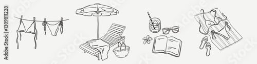 Set of Italian marine beach drawings. Voyage sea vacation vector of beach chair and umbrella, swimsuits, book. Hand drawn dolce vita weekend element in doodle sketch style.