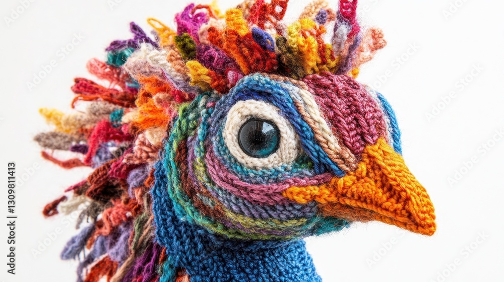 Colorful Knitted Peacock Head Close-up Colorful Knitted Peacock Head Close-up