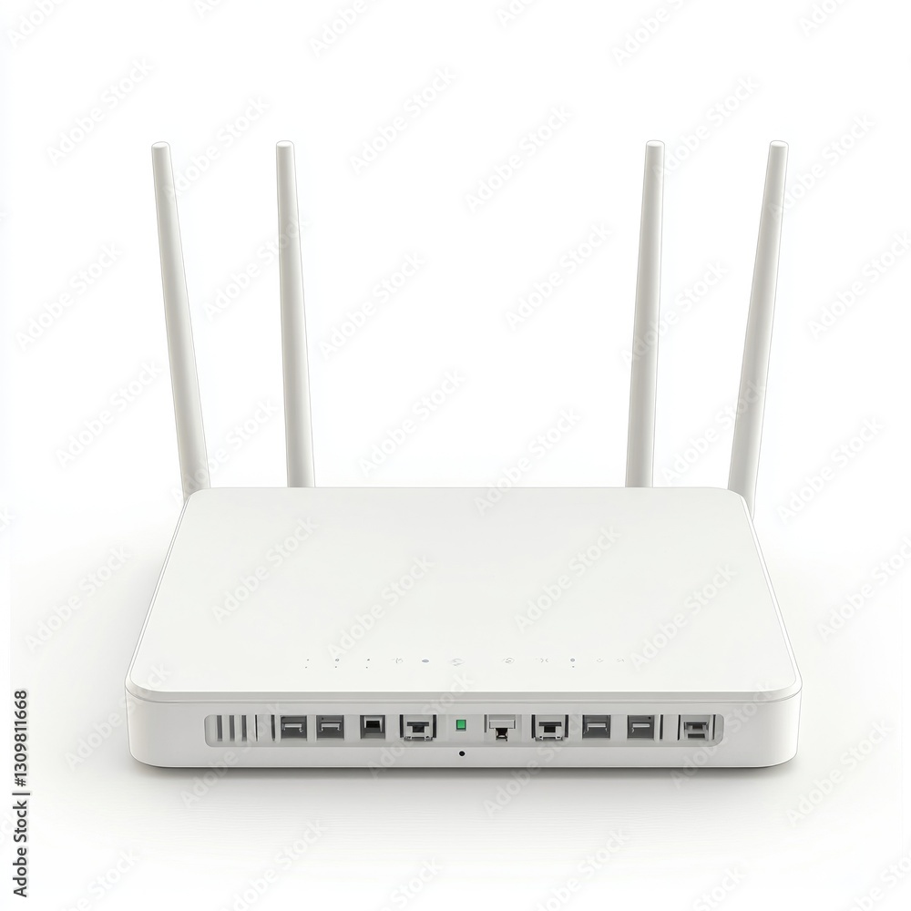 3D rendering of a white, modern, wireless, colored camera router with four antennas, on a clean white background 3D rendering of a white, modern, wireless, colored camera router with four antennas, on a clean white background