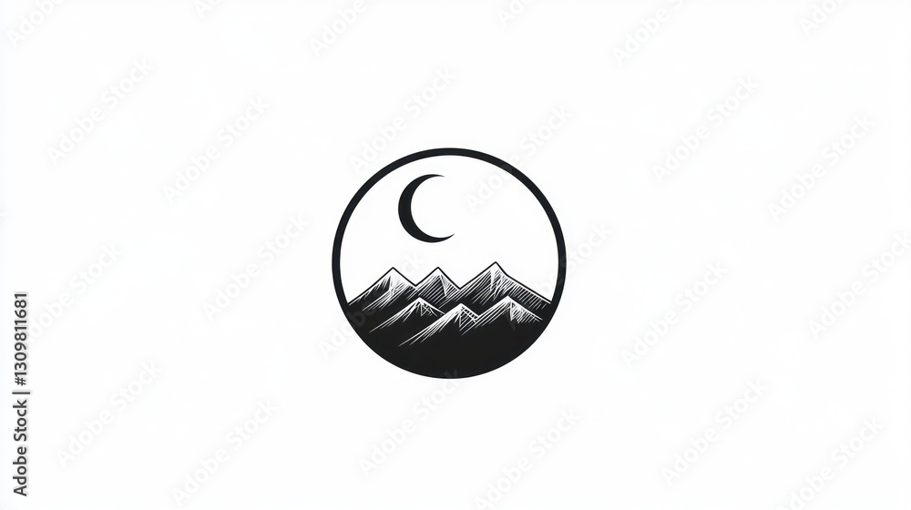 Night mountainscape, crescent moon, circular design, nature illustration, website icon Night mountainscape, crescent moon, circular design, nature illustration, website icon