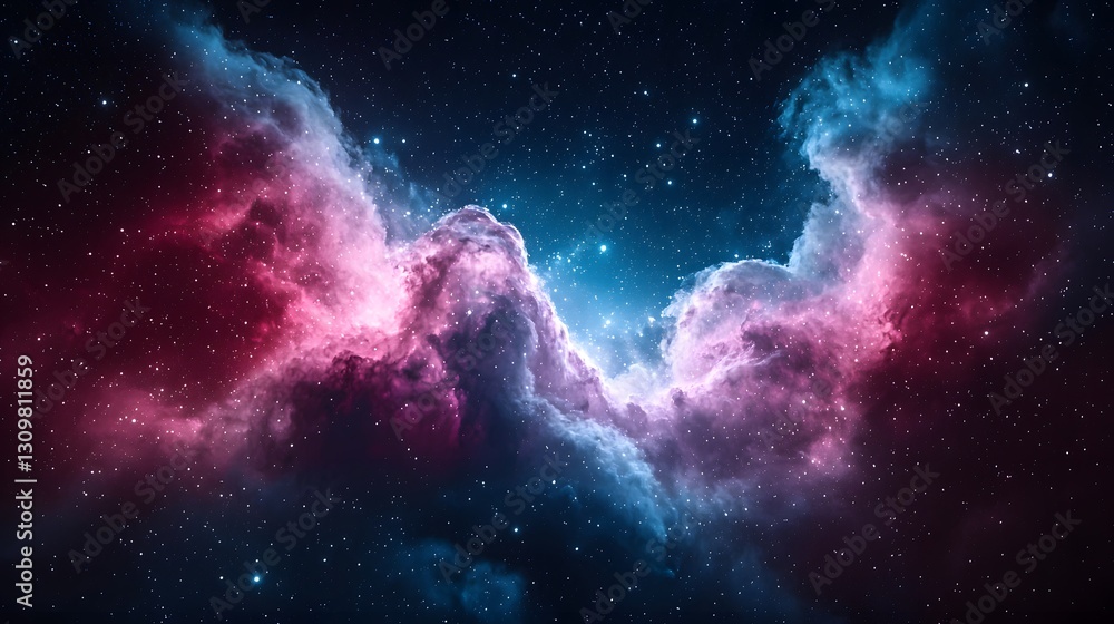 A vibrant nebula and stars fill the night sky A vibrant nebula and stars fill the night sky