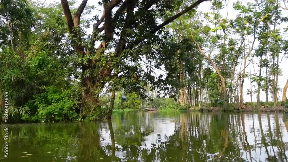 Beautiful green scenery around while boating through narrow canals on the river. Beautiful green scenery around while boating through narrow canals on the river.