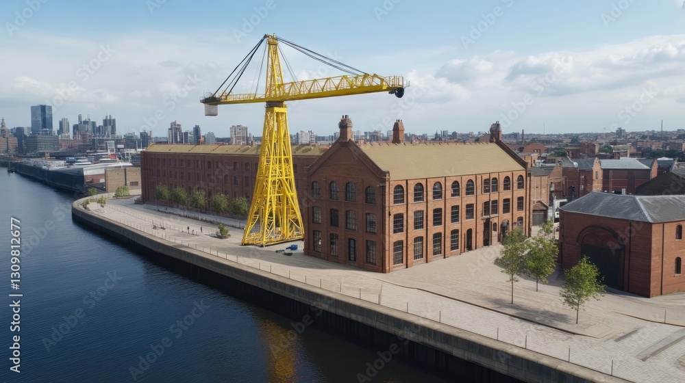 Fototapeta premium Industrial waterfront building with crane