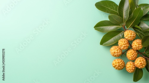 Longan Fruit Branch with Green Leaves on Mint Green Background