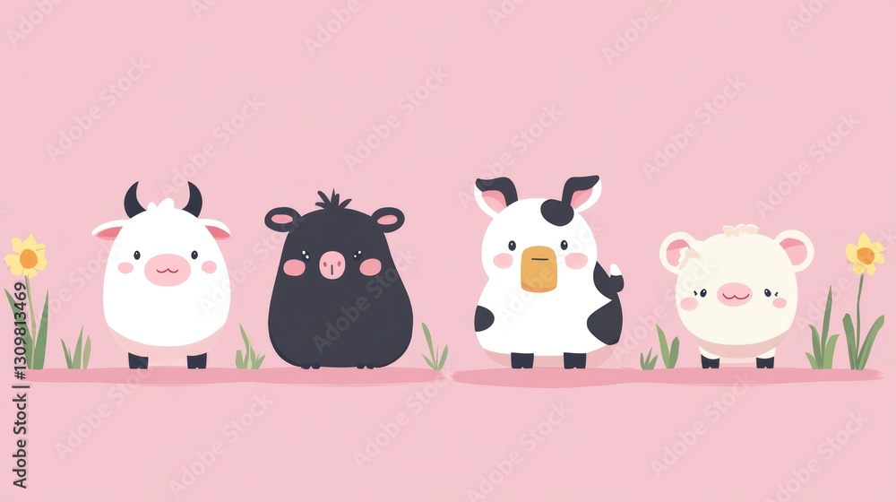 Obraz premium Adorable cartoon animals stand together in a charming pink field