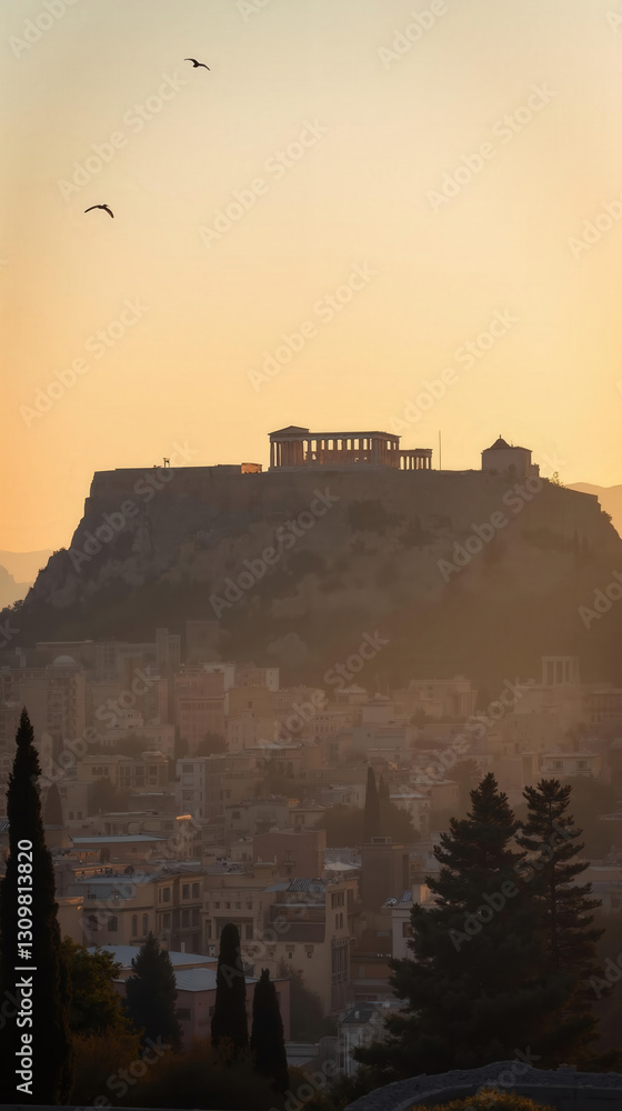 Fototapeta premium Sunrise Acropolis of Athens, Greece: Aerial View with Golden Hour Glow on Ancient Marble Columns, Dreamlike Morning Fog, Overlay of Sunset Photo.
