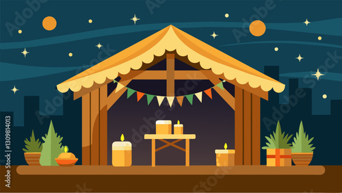 The humble stable is brought to life with hay lanterns and a rustic wooden manger setting the stage for the iconic scene.. Vector illustration