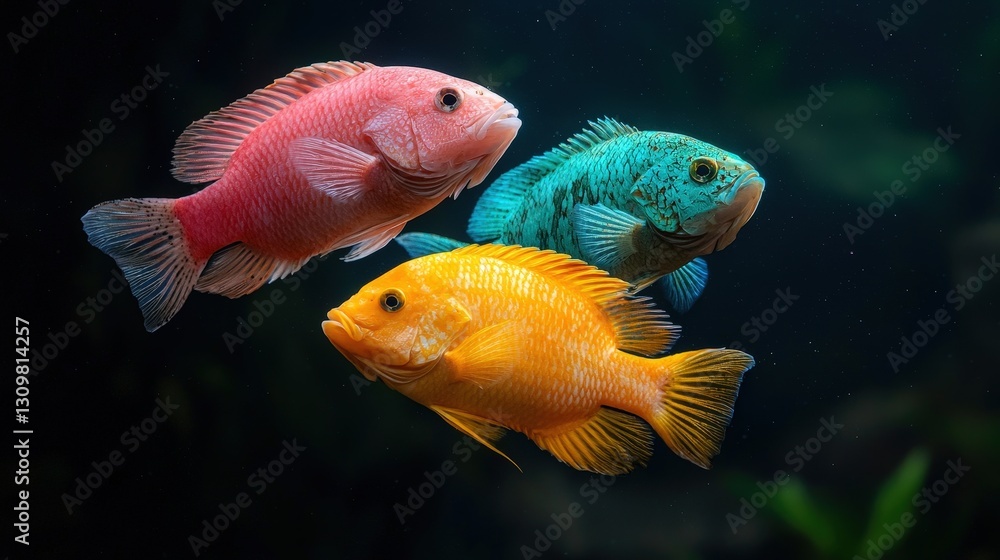 Three vibrant fish swimming underwater. Three vibrant fish swimming underwater.