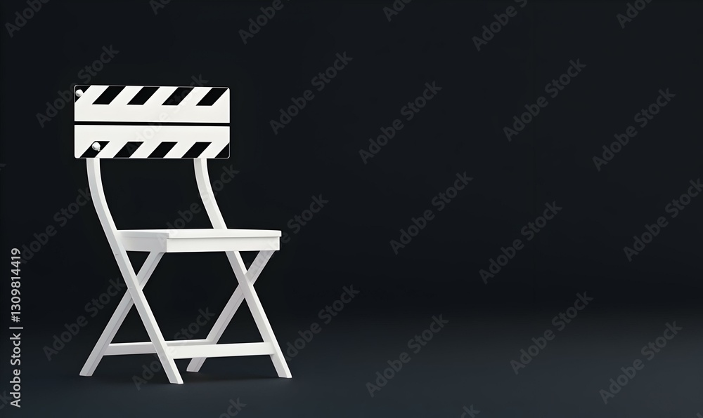 White Folding Chair with Black and White Caution Sign on Dark Background White Folding Chair with Black and White Caution Sign on Dark Background