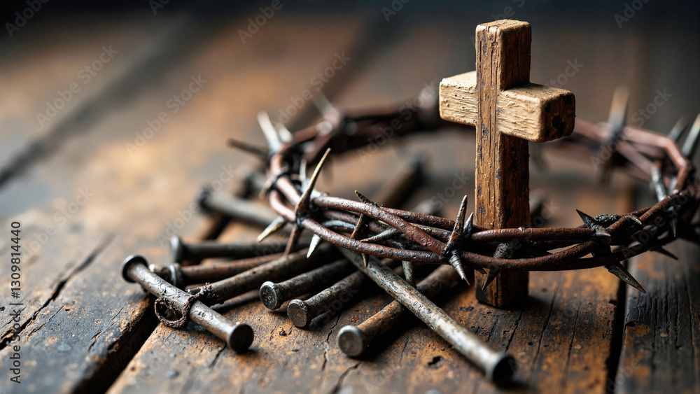 Intricate Easter Stock Photo: Detailed Crown of Thorns, Aged Nails, and Wooden Cross for Religious, Educational, and Pastoral Use Intricate Easter Stock Photo: Detailed Crown of Thorns, Aged Nails, and Wooden Cross for Religious, Educational, and Pastoral Use