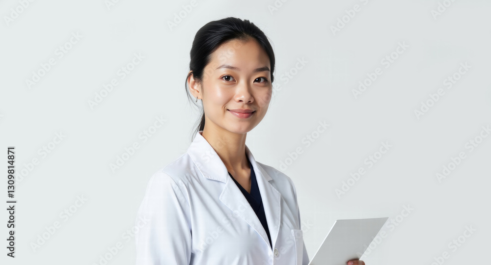 Professional Asian Woman in White Coat Standing in Photo Studio with Medical Chart Professional Asian Woman in White Coat Standing in Photo Studio with Medical Chart