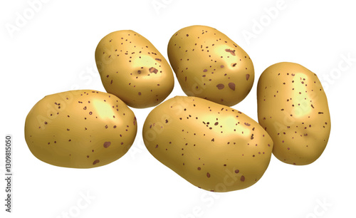 Five raw new potatoes. Potato composition. Bunch of bright realistic potato tubes isolated on white background, whole raw starch potatoes vector illustration.