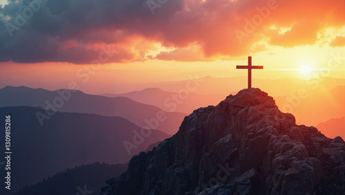 Striking Silhouette of a Crucifix on a Rugged Mountain at Sunset – Ideal for Easter Celebrations, Devotional Publications, and Spiritual Marketing Material