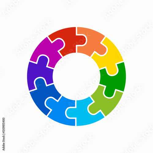Ten pieces colorful puzzle circle. Vector isolated on white background.
