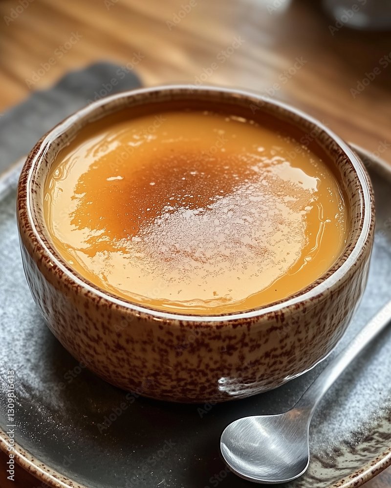 Creamy caramel dessert served in a rustic bowl on a textured plate at a cozy eatery in the late afternoon Creamy caramel dessert served in a rustic bowl on a textured plate at a cozy eatery in the late afternoon