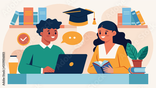 Two graduate students sit in a study group discussing and sharing their tips for saving money and minimizing debt while pursuing their degrees.. Vector illustration