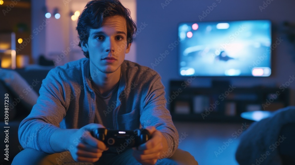 Young man intensely playing video games at home in the evening, illuminated by blue light. Young man intensely playing video games at home in the evening, illuminated by blue light.
