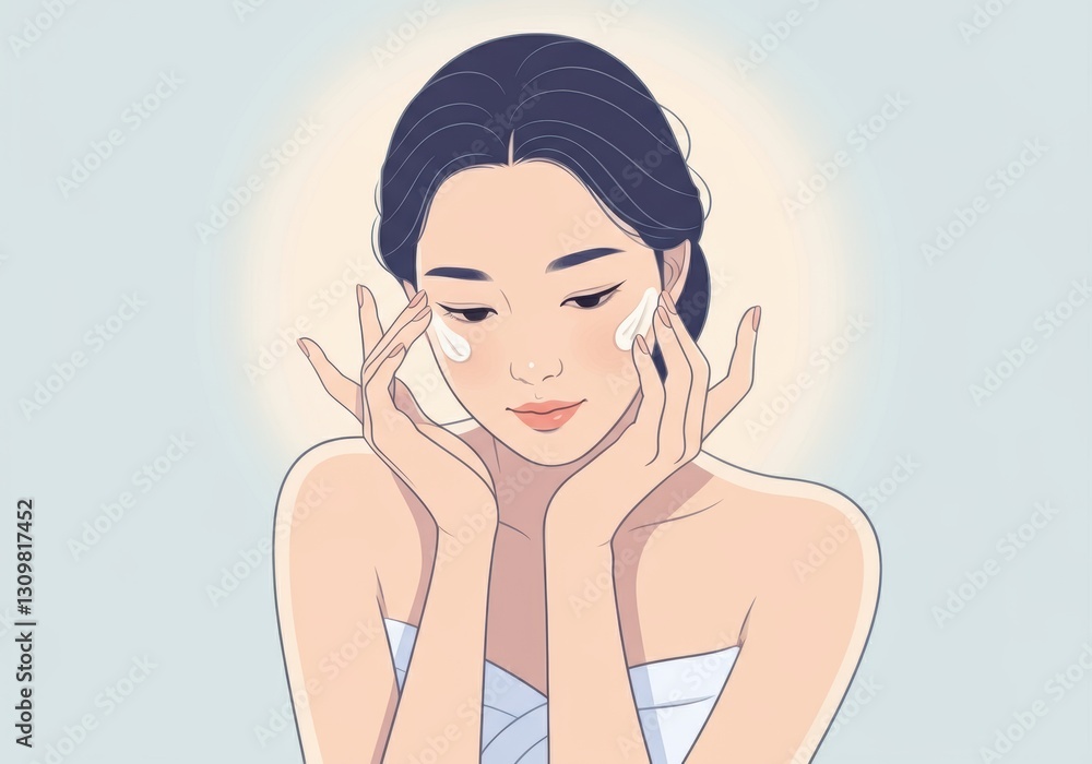 Woman applying skincare cream to her face for a radiant glow Woman applying skincare cream to her face for a radiant glow