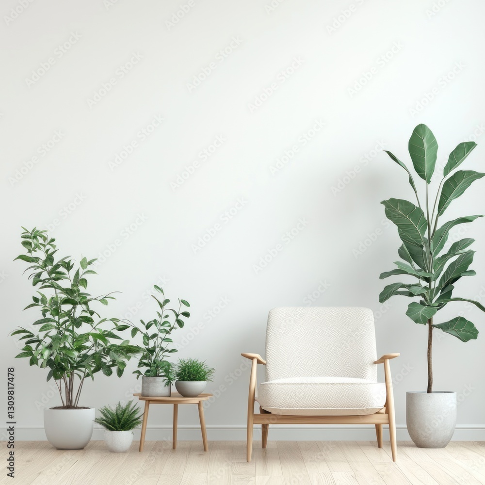 Modern, minimalist living room with potted plants and a light beige armchair. Modern, minimalist living room with potted plants and a light beige armchair.