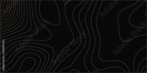 Topographic map relief texture with curved layers. line map with curvy wave. Black topographic paper texture background.
