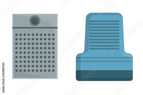 Set of different air purifiers in cartoon style. Vector illustration household appliances ionizers purifiers isolated on white background. Air purification from dust. Humidification with water drops.